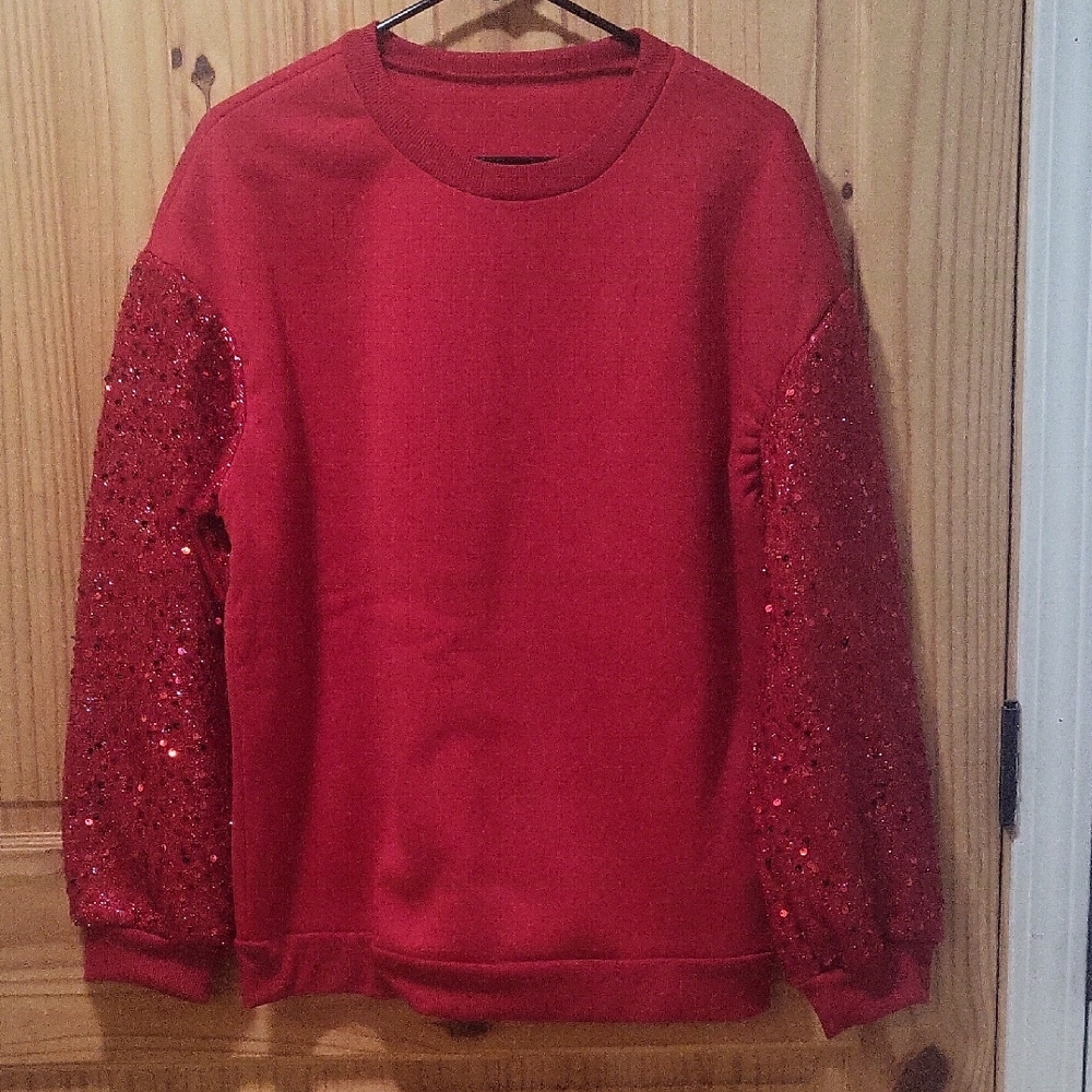 Red Sequin Sleeve Women's Sweater